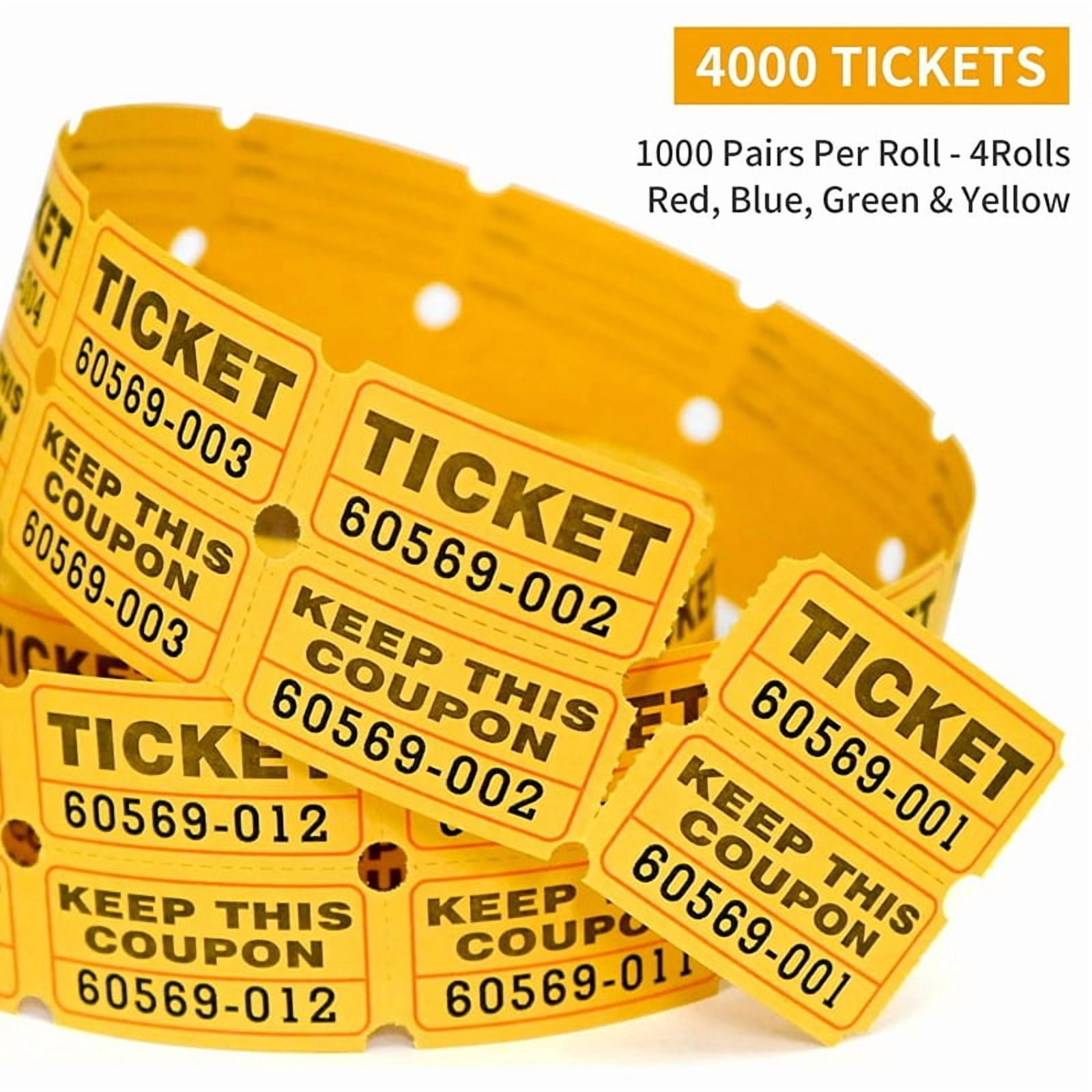 4000 Double Raffle Tickets-4 Assorted Colors (Blue,Yellow,Red,Green) 1000 Tickets Per Roll for Fundraisers & Parties