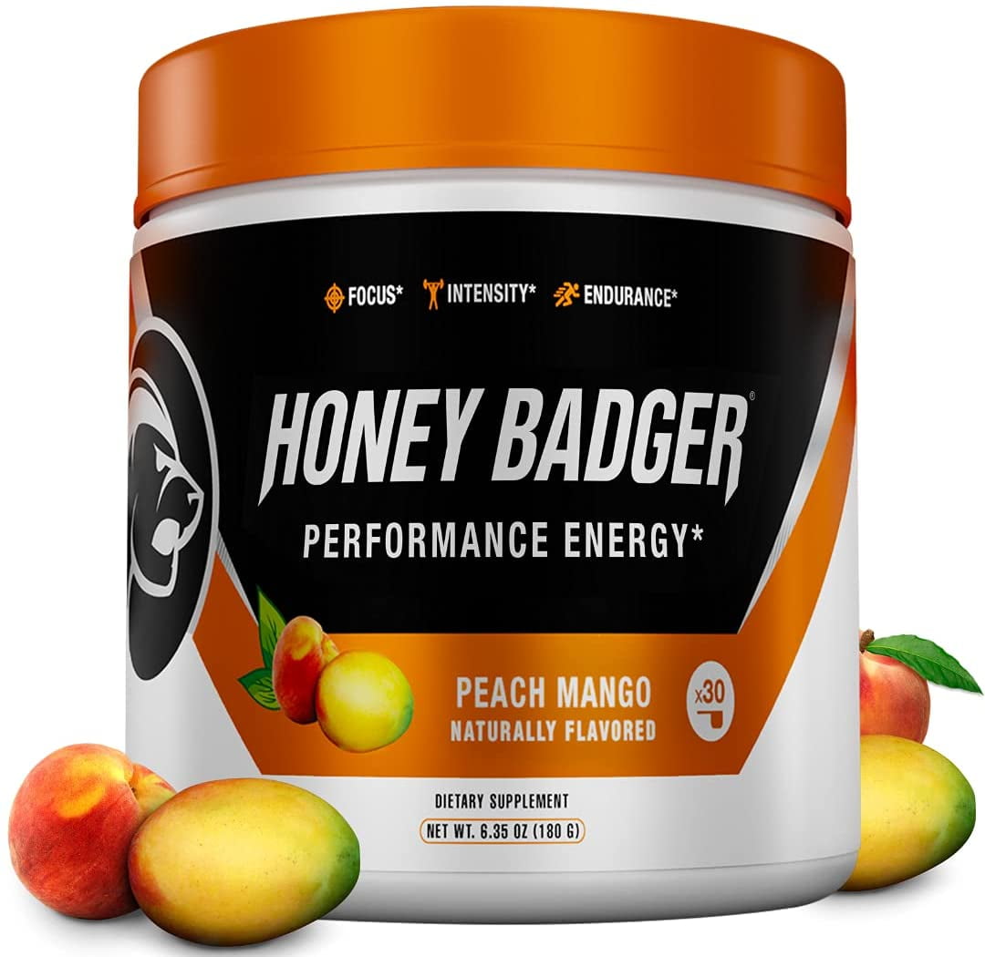 Honey Badger Pre Workout Powder Vegan Keto Peach Mango Preworkout Natural Energy For Men Women Beta Alanine Caffeine Vitamin C For Immune Support Sugar Free