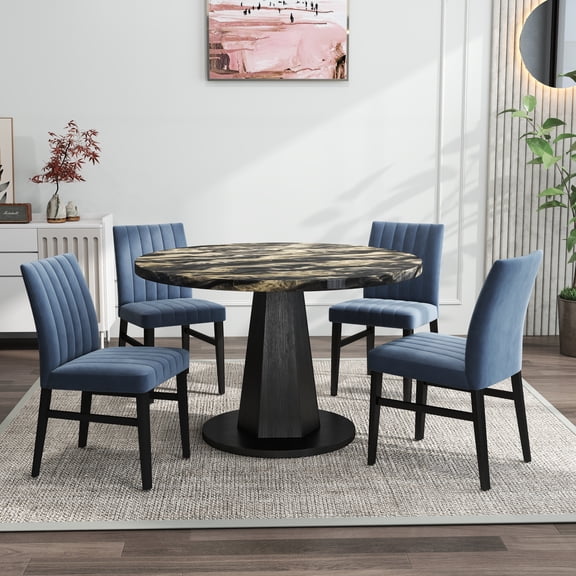 Roundhill Furniture Cavira 5-Piece Modern Dining Set, Black and Gold Faux Marble Dining Table with Four Chairs, Blue