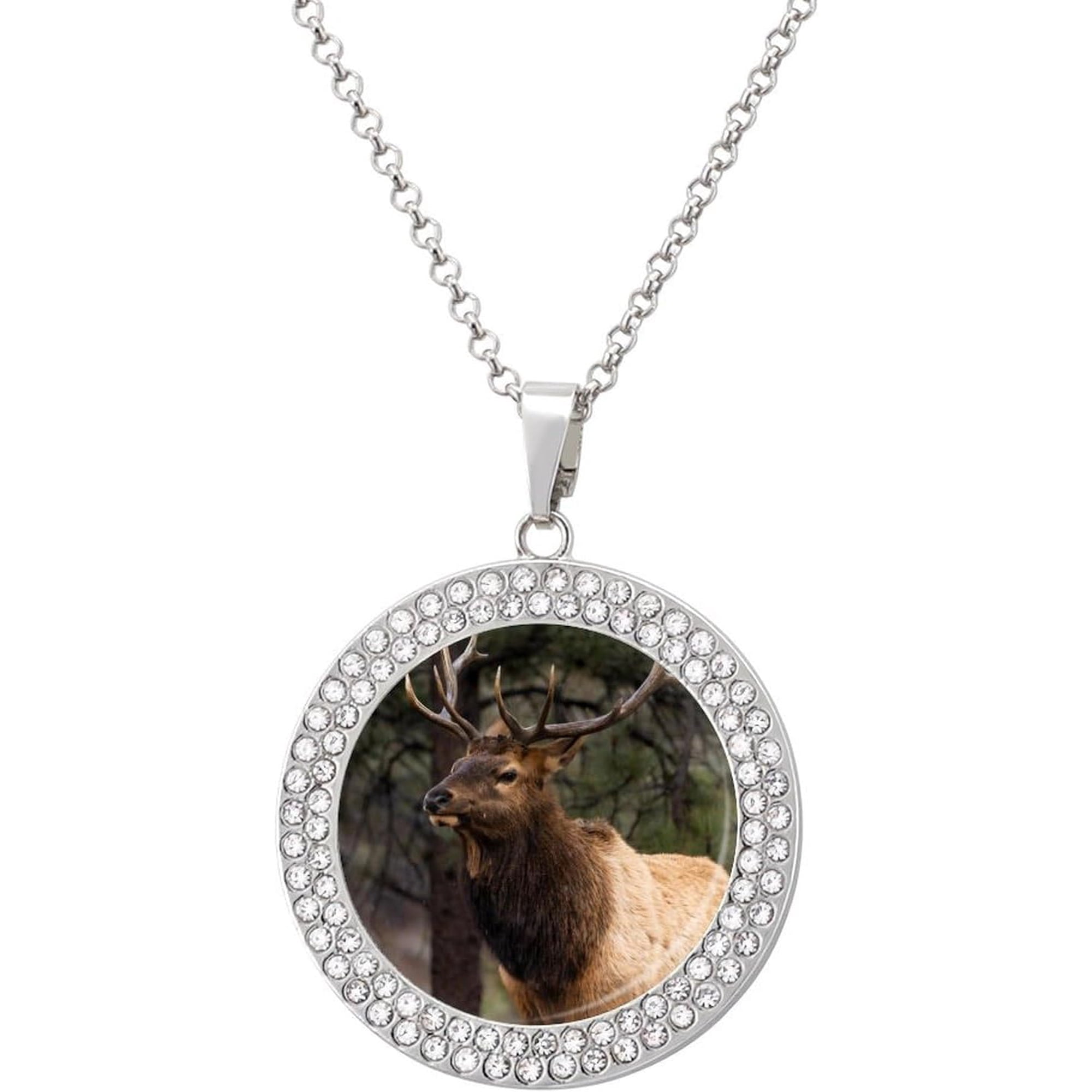 Elk Moose in The Forests Womens Necklaces Inlaid Crystal Round Alloy Pendant Necklace Petite Gift Jewelry[e864]