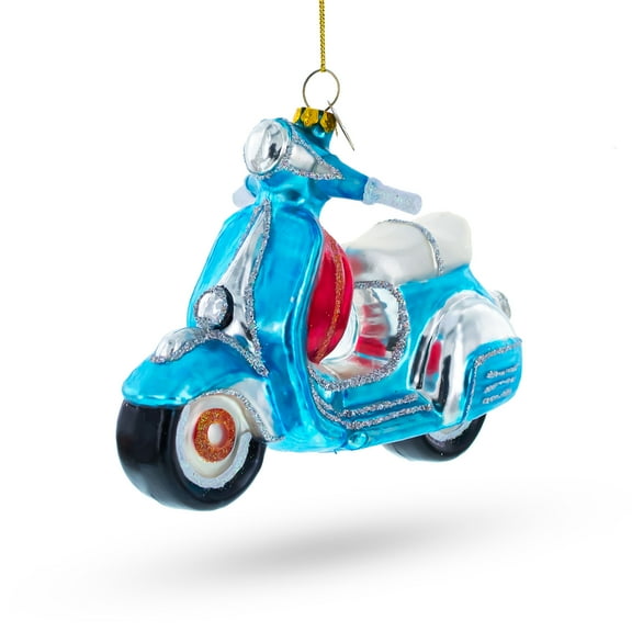 Blue Retro Scooter Glass Christmas Ornament