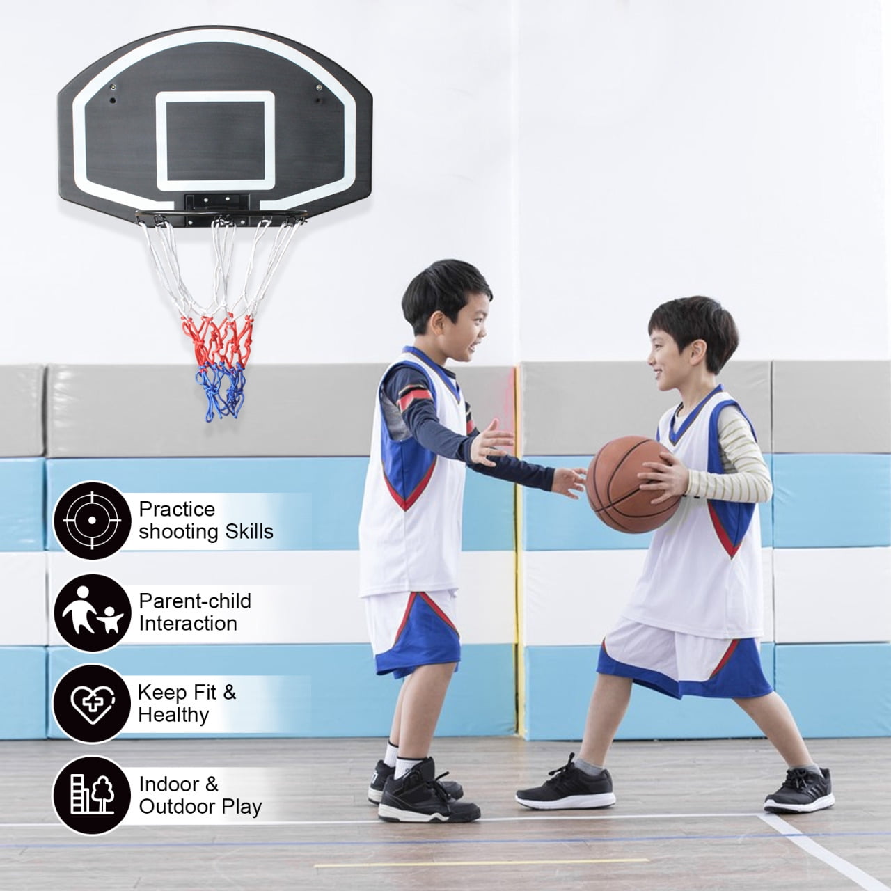 28.5x18 Inch Wall-Mounted Basketball Hoop, Foldable Hoop with Shatterproof Backboard and All-Weather Net, for Outdoor and Indoor, Black