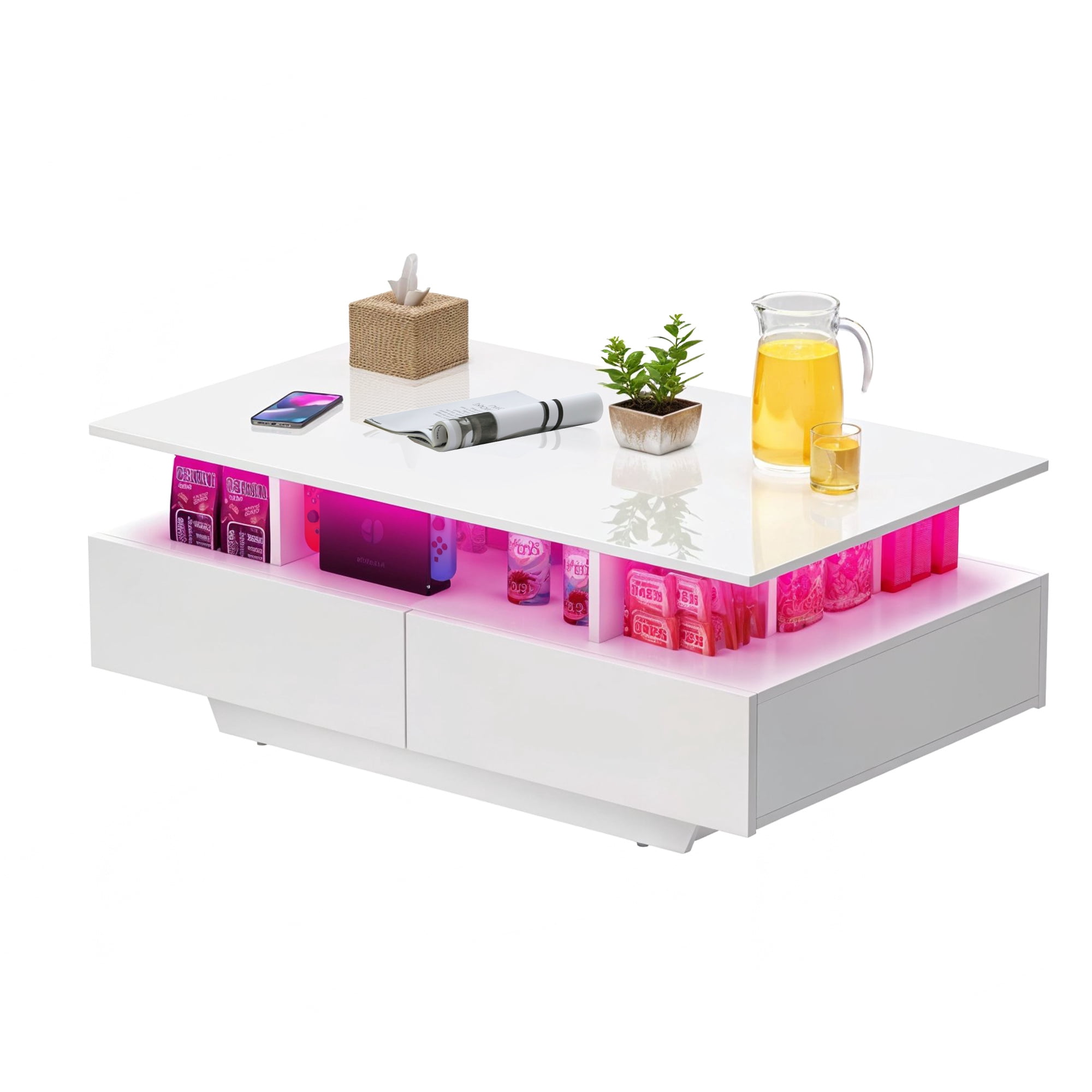 Uforic Modern LED Coffee Table, Center Tables with Storage for Living Room, White