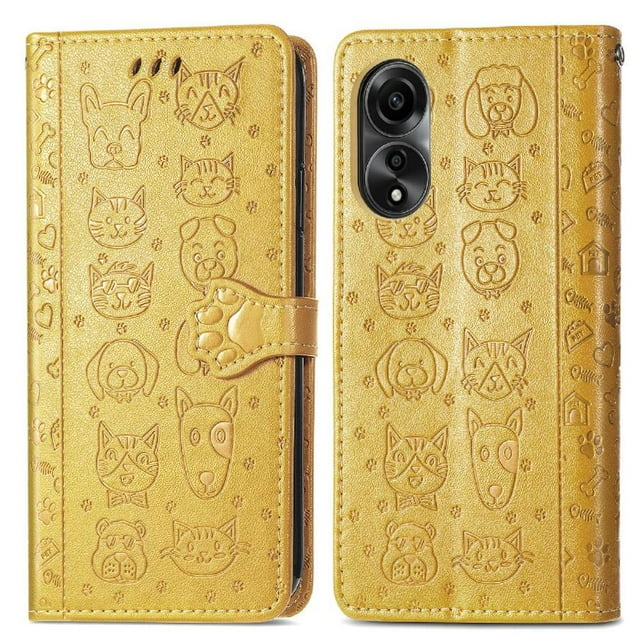 Funda Cartera FOXDOCK para OPPO A78 4G , Flip PU con Relieve de Gatos y Perros, Tarjetero y Soporte