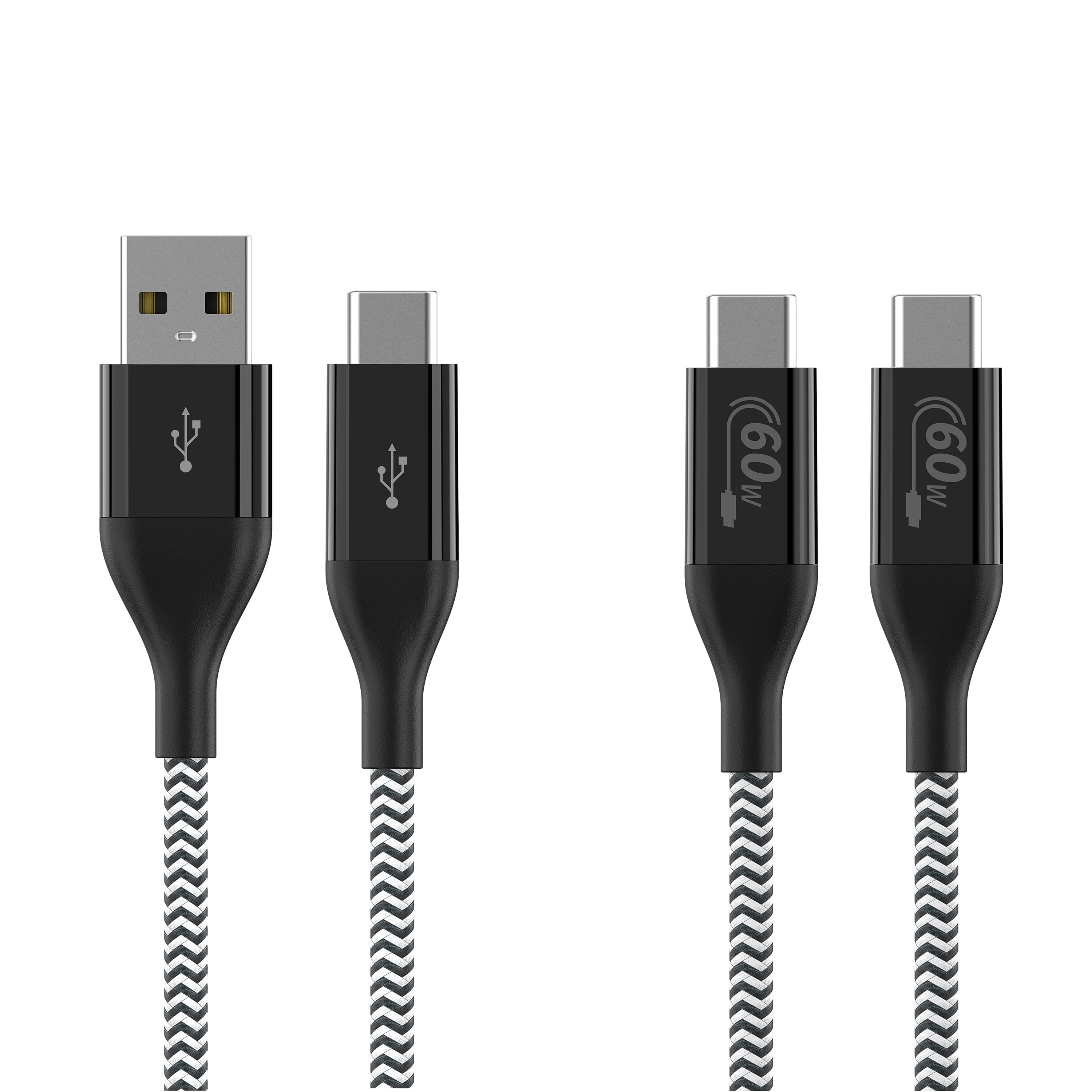 Auto Drive USB-C to USB-C & a (2 Pack) Charging Cables (60W), 6 ft, Black, Braided