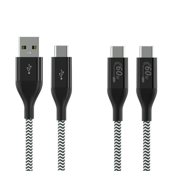 Auto Drive 6' USB-C to USB-A and USB-C to USB Cables, Black&White, 2 Pack