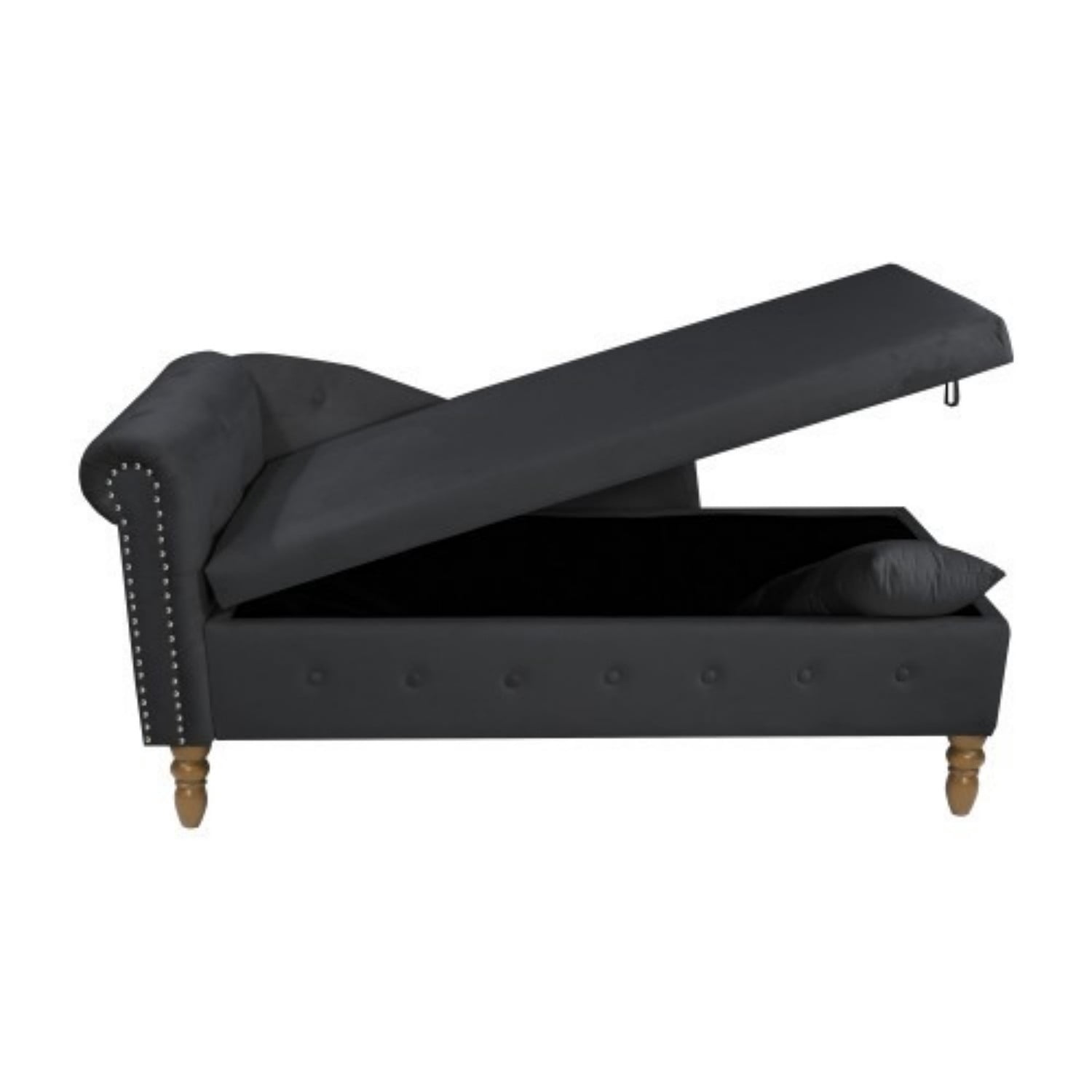 Velvet Chaise Lounge Chair with Storage, Upholstered Chesterfield Lounge Chair with Rolled Arm, Tufted Back, Pillow & Hidden Storage for Living Room, Bedroom & Office, Black