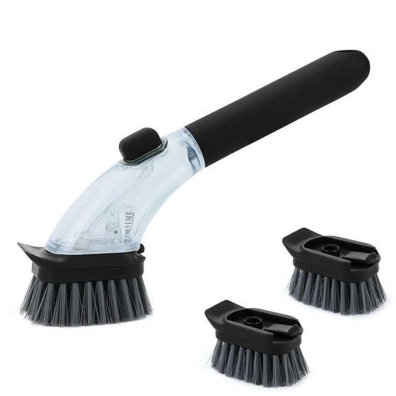Soap Dispensing Dish Brush with Handle, Kitchen Scrub Brush for Dishes Pots Pans Sink Cleaning (Black)