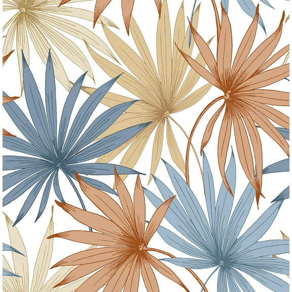 Lillian August Luxe Haven Tropic Palm Toss Peel and Stick Wallpaper 20.5 in W x 18 ft. L - Charlotte Blue & Soft Melon