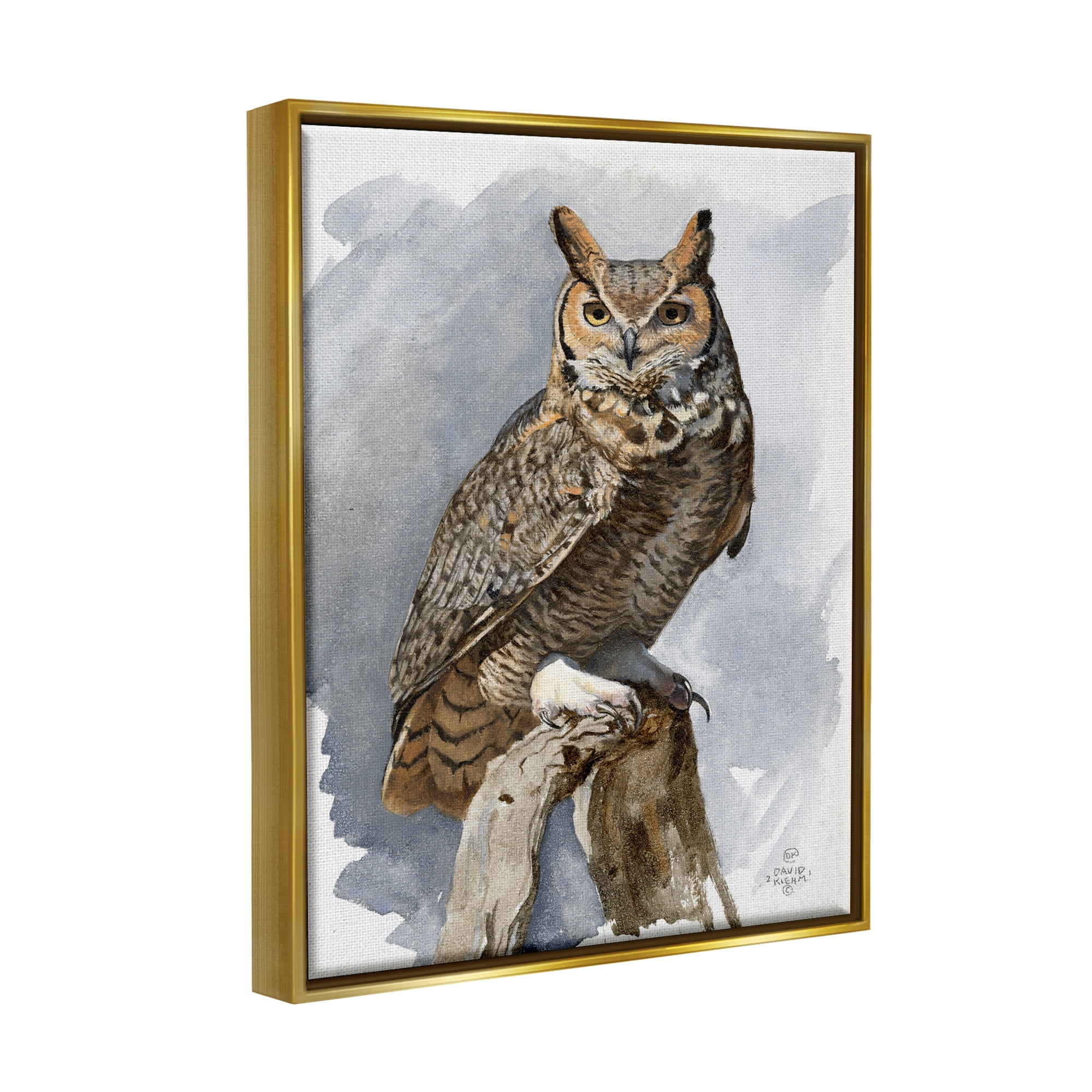 Stupell Industries Horned Owl Perched Animals & Insects Painting Gold Floater Framed Art Print Wall Art, 25 x 31