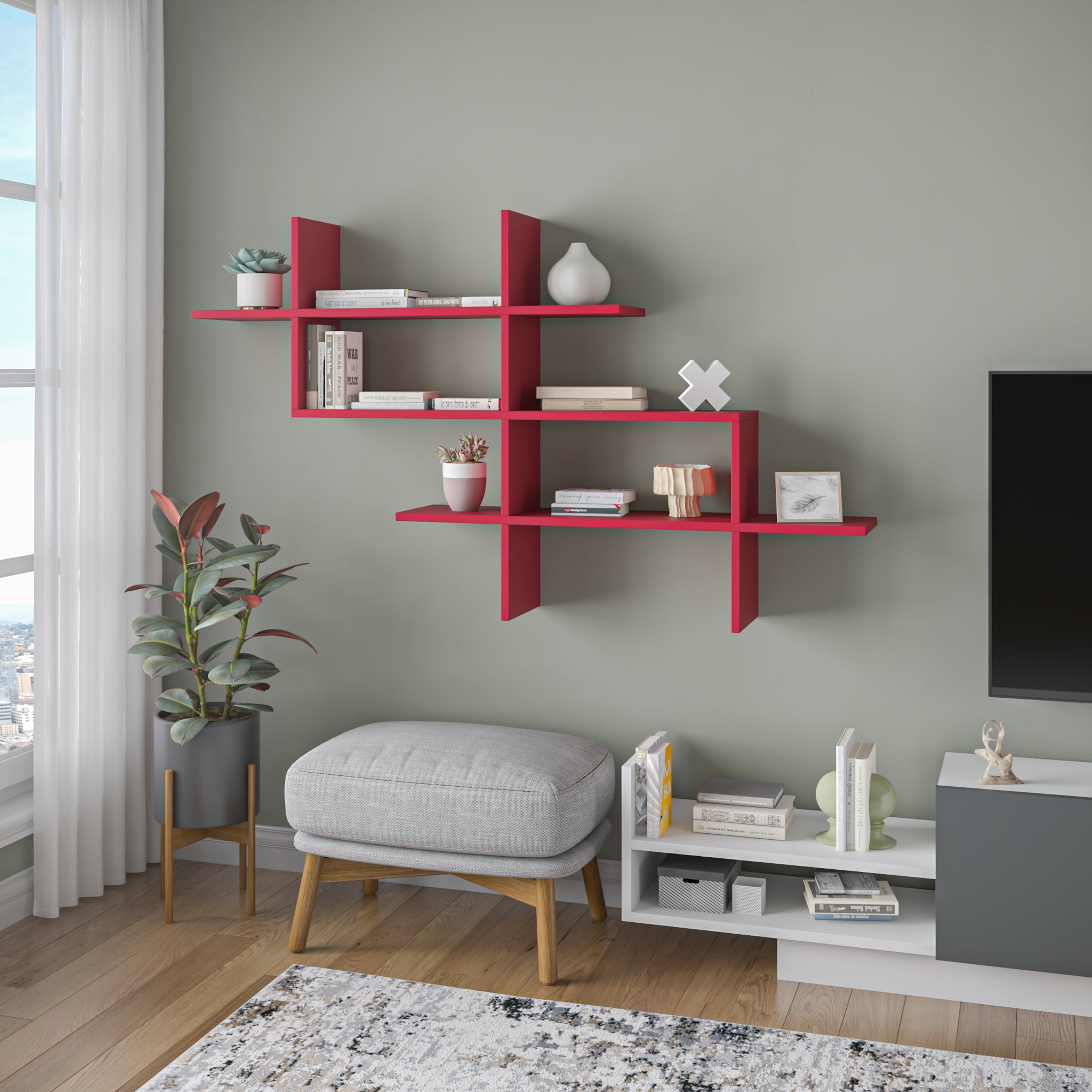Ada Home Decor Furniture 59" 3 Tier Burgundy Warren Modern Wall Shelf