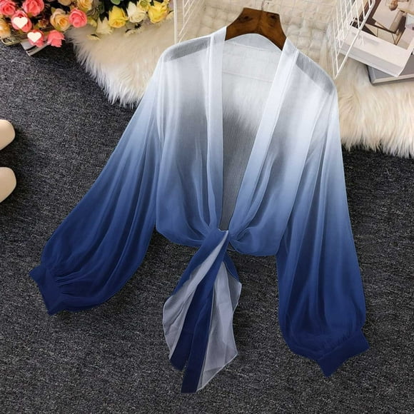 CFLVAEK Lightweight Short Bolero Cardigan Shrug for Women Sheer Tie Front Top Trendy Gradient Print Long Sleeve Cardigans Multicolor S