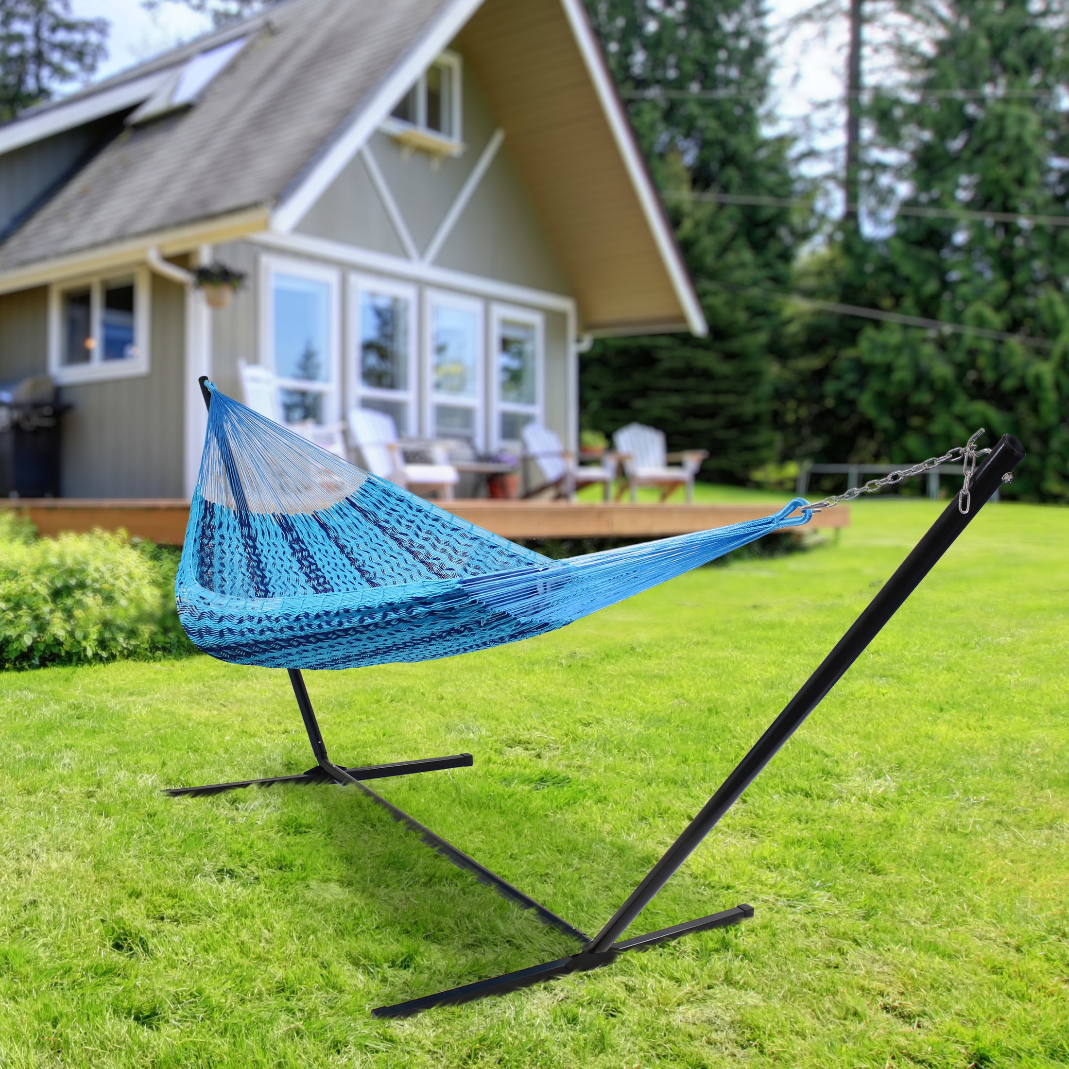 Sunnydaze 2-Person Cotton Mayan Family Hammock, 625 lb Capacity -Blue