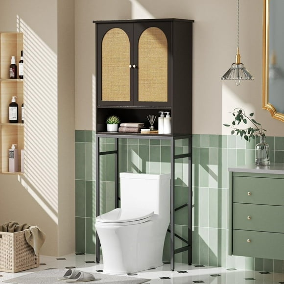 VEANERWOOD Rattan Toilet Storage Cabinet, Over The Rack Wood Cabinet with Metal Stand, Bathroom Organizer with Adjustable Shelf, Tall Freestanding Washer Shelf, Small Cupboard, Black