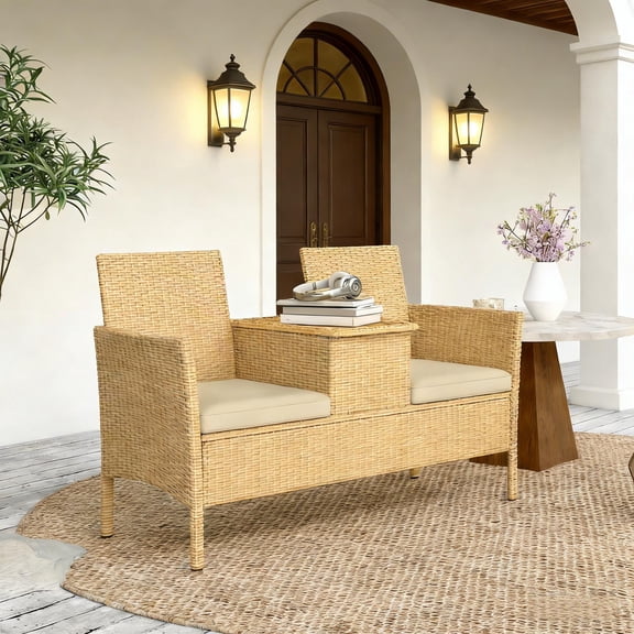Light Brown Wicker Outdoor Loveseat Patio Sofa All-Weather Use with Beige Cushions
