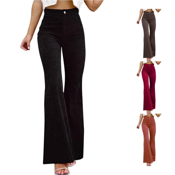 XIAONU Womens Solid Corduroy Flare Pants High Waist Slim Fit Pants