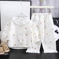 thumbnail image 1 of Conjunto de ropa de casa para niños con cuello vuelto y manga larga, pijama pequeño y fresco con solapa y ribete de encaje para niñas, conjunto de dos piezas, ropa transpirable para bebé con aire acon, 1 of 9
