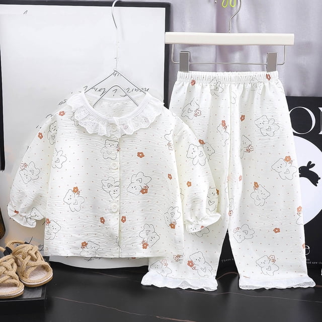 Conjunto de ropa de casa para niños con cuello vuelto y manga larga, pijama pequeño y fresco con solapa y ribete de encaje para niñas, conjunto de dos piezas, ropa transpirable para bebé con aire acon
