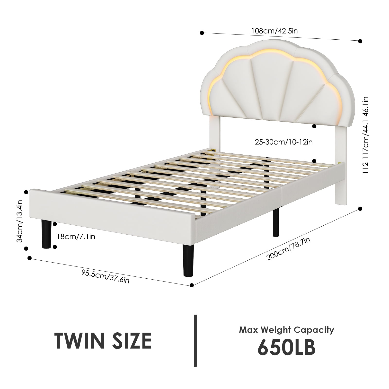Homfa LED Bed Frame, Twin Size Velvet Upholstered Platform Bed with Adjustable Headboard, Lights Seashell Bed, Off-White