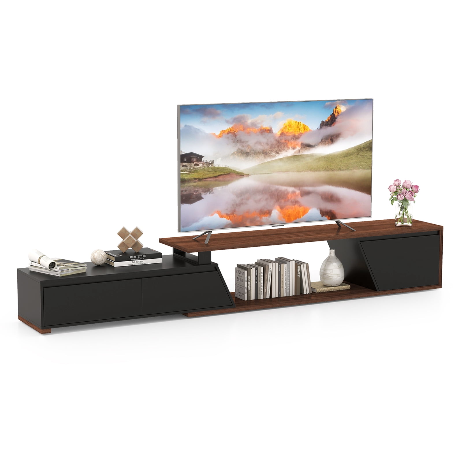 JOIVI Extendable LED TV Stand, Modern Entertainment Center with 2 Drawers, Sliding Tabletop Media Console with Storage Cabinet for Living Room, 71.0" - 106.3", Black