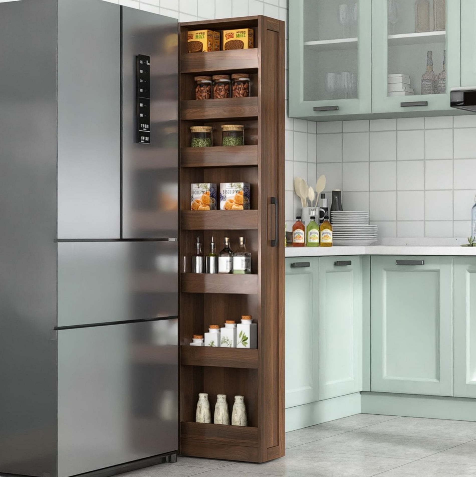 7 Tier Slim Rolling Storage Cart, Narrow Pull-Out Storage Organizer with Wheels and Handle, Space Saving Shelf for Kitchen, Bathroom, Laundry Room, Walnut