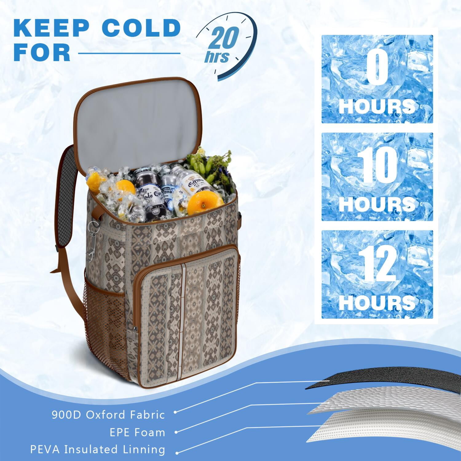 Travel Cooler Bag - Boho Bohemia Pioneer Flower Geometric Line Art Camping Beer Cooler Backpack with Bottle Opener- Waterproof Insulated Picnic Backpacks - Cooler Bag for Beach