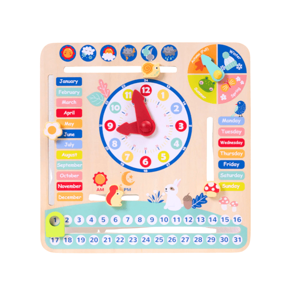 Tookytoy Wooden Learning Calendar & Teaching Clock for Kids, 1-Piece Educational Board, Ages 3