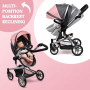 Dolls To Play Convertible Baby Doll Stroller 2-in-1 Pretend Play Pram with Adjustable Handle, Basket & Bag, Pink