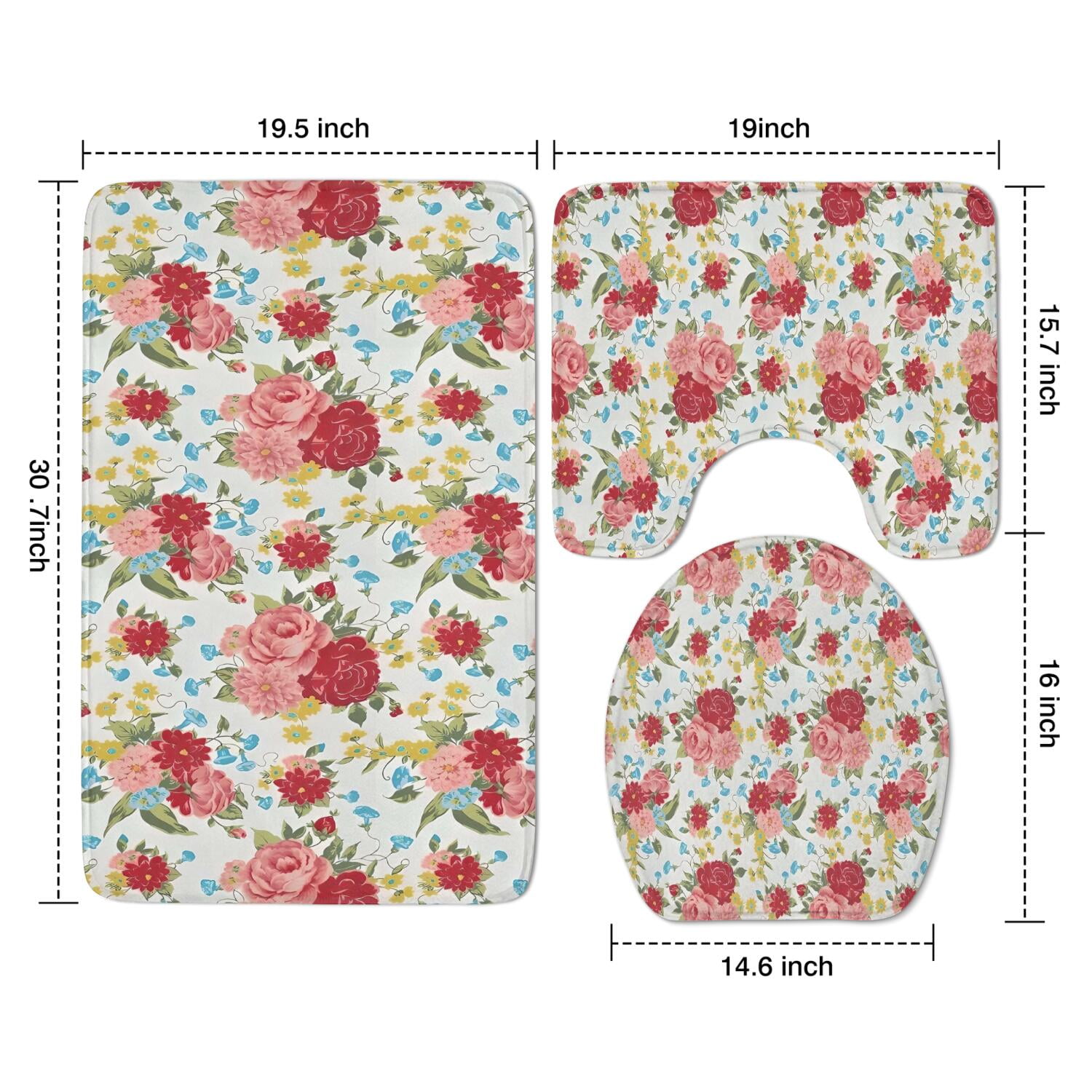 Pioneer Flower Floral Print Pattern Bathroom Rugs Sets 3 Piece,Toilet Cover Set,Absorbent Non Slip Bathroom Mats Sets with U-Shaped Contour Rug Toilet Rug Set