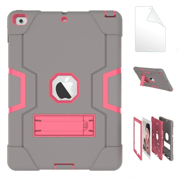 iPad 5th/ 6th Generation Case, New iPad 9.7 inch 2017/2018 Shockproof Kickstand Cover with HD Screen Protector Film - Gray/Rose