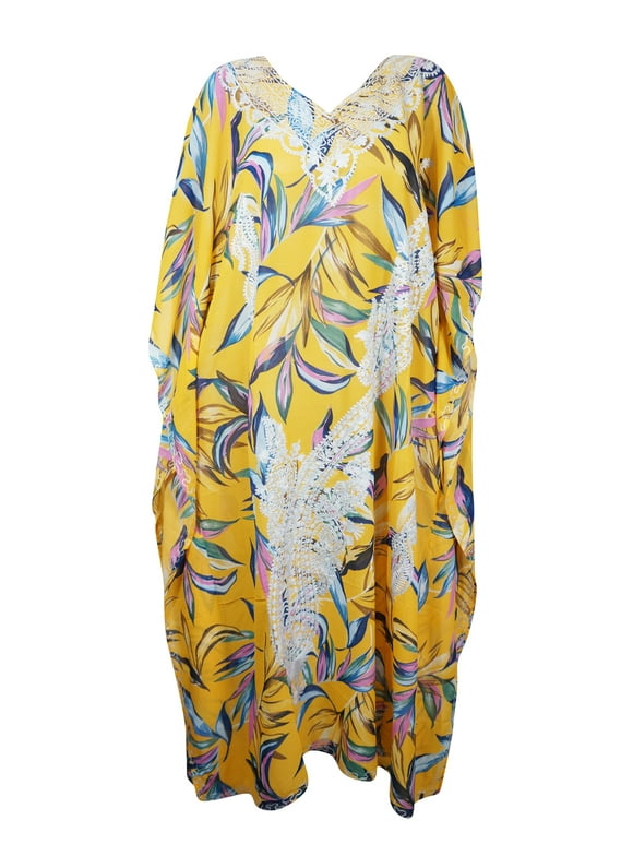Womens Summer Caftan Yellow White Embroidered Kaftan L-4XL