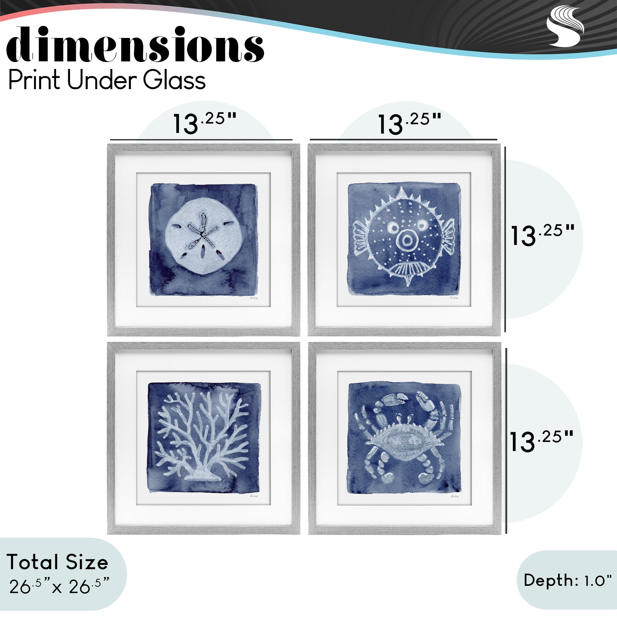 Stupell Industries Aquatic Creatures on Indigo 4 Piece Gray Framed Print Under Glass Set, design by Patti Bishop