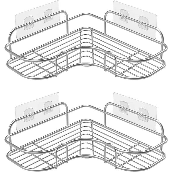 Shower Corner Shelves No Drilling, Stainless Steel Bathroom Storage Shelf With 2 Self Adhesive Hooks, Wall Mounted Shower Caddy Organiser Shelves For