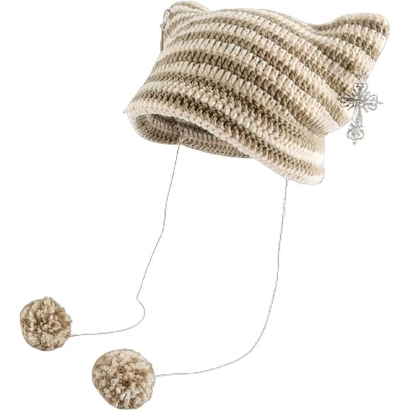 Cat Ear Beanie Y2K Striped Crochet Hats Vintage Grunge Accessories Slouchy Beanies for Women