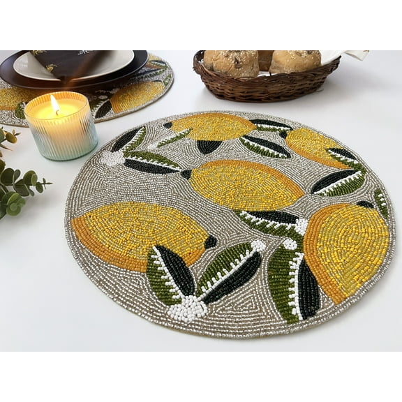 Set of 6, Handmade beaded placemat, table decoration, beaded tablemat, lemon and leaves