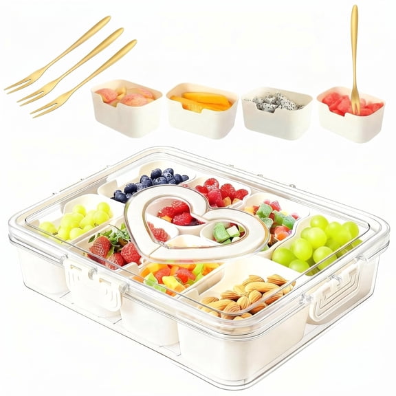 Snackle Box Container, Large 8 Compartments Divided Serving Tray with Lid & Handle, Portable Reusable Stackable Snack Box for Travel, Candy, Party and Picnic Use (1-Pack)