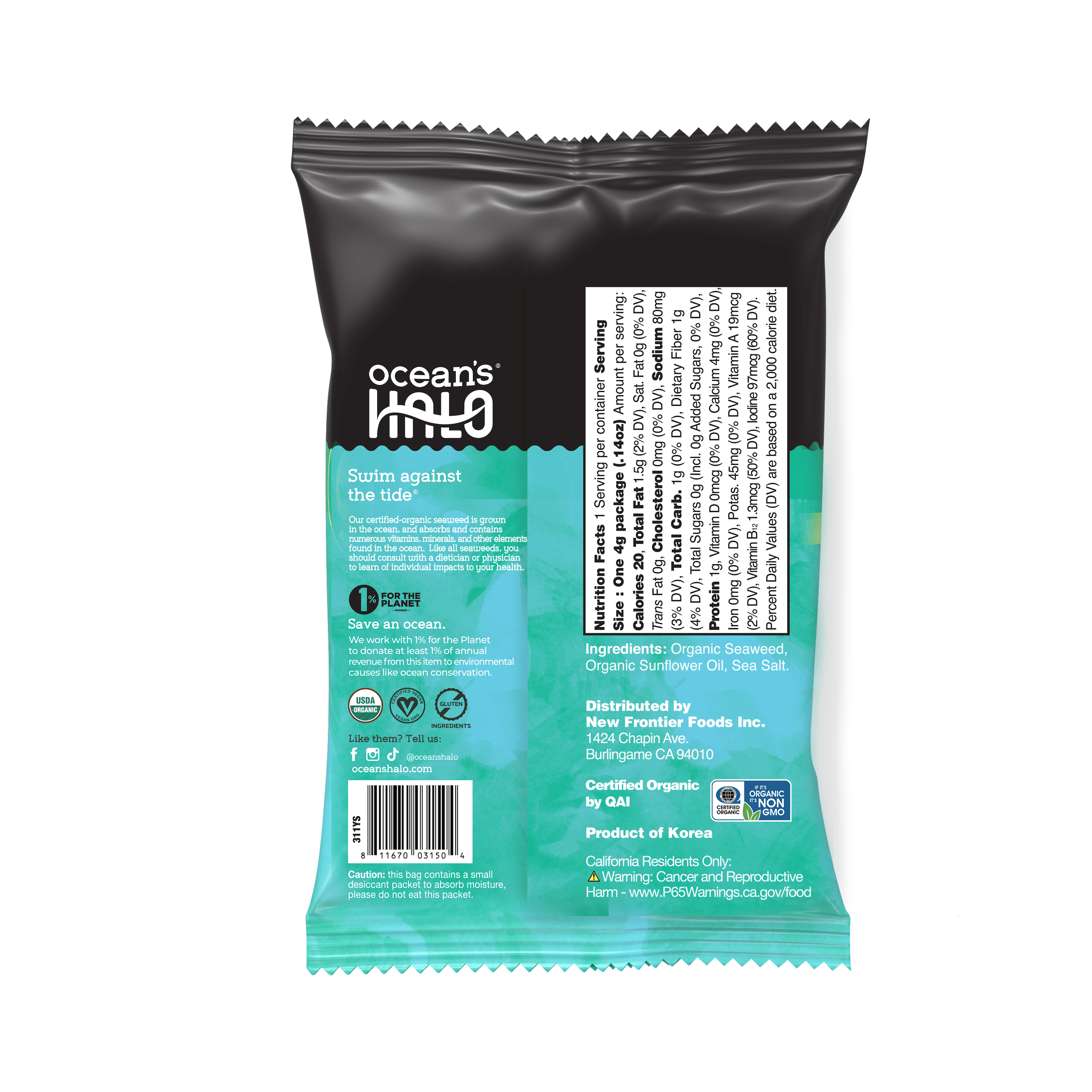 (20 pack) Ocean's Halo, Organic Trayless Seaweed Snack, Sea Salt, Vegan, No Plastic Tray, 1pk Nori, Shelf-Stable, 0.14 oz