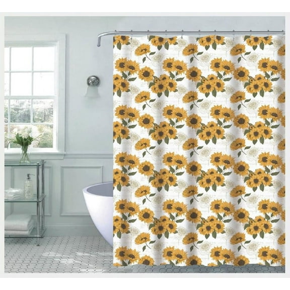 Serafina Home Yellow Gold Green Brown Beige White Fabric Fall Shower Curtain for Bathroom: Country Rustic Floral Sunflower Design, 70 x 72 Inches