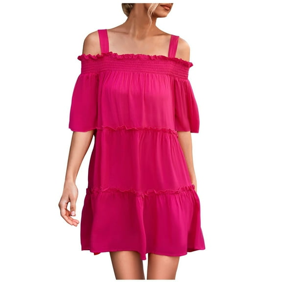 Womens Summer Dresses Cold Shoulder Solid Strappy Short Sleeve Casual Short Dress Tiered Flowy Cute Beach Sun Dresses