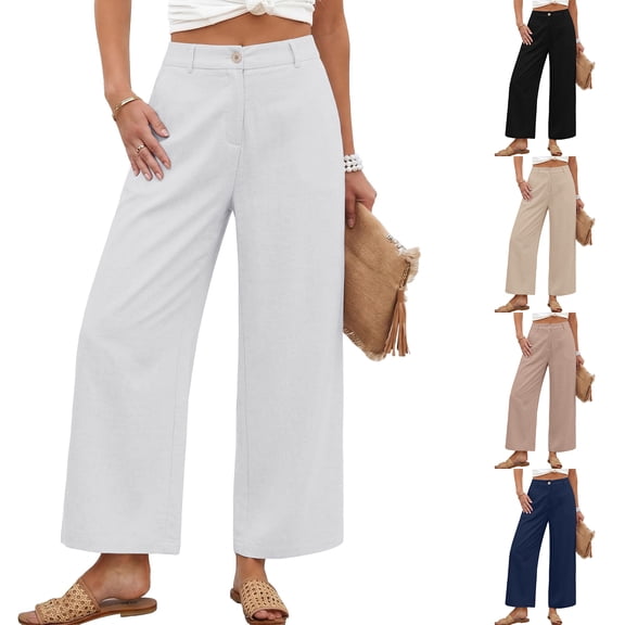 Womens Cotton Linen Pants Casual Button Up High Waisted Wide Leg Trousers Business Offices Trousers Straight Pants Trouser Summer Clothes Beige L