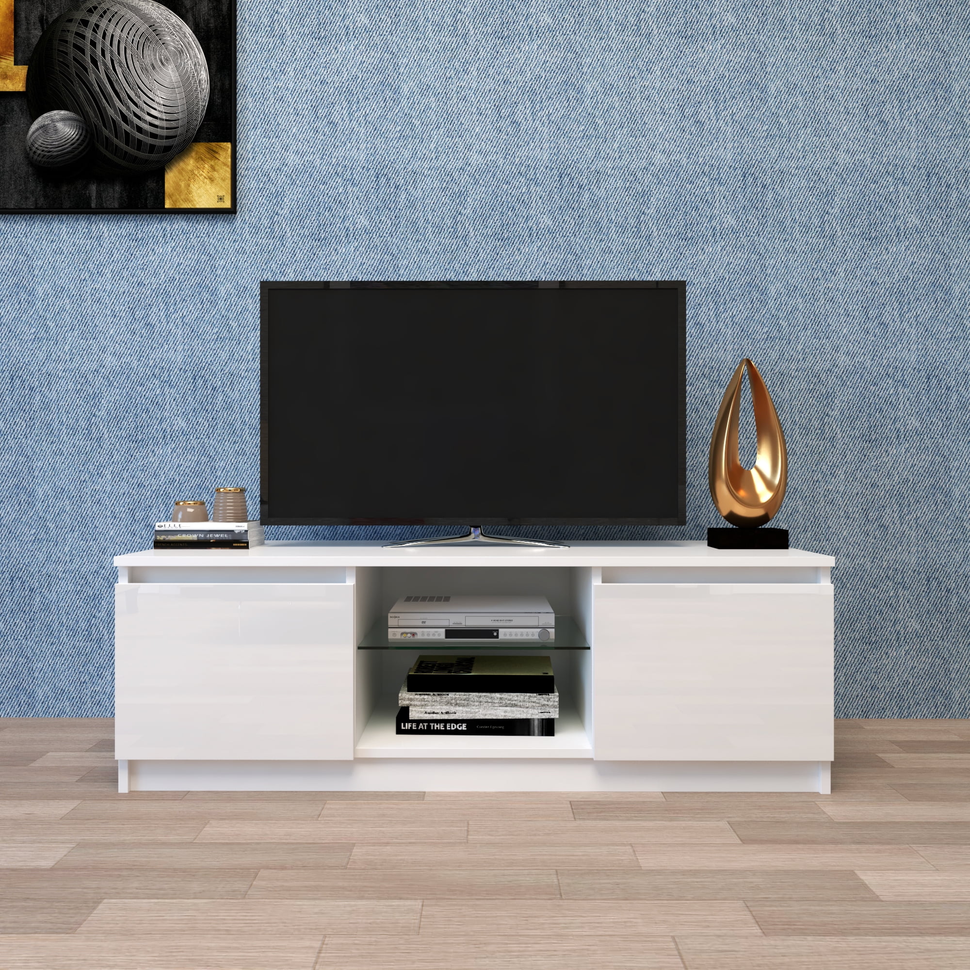 Modern Small White TV Unit Stand Cabinet with Shelves Media Entertainment Unit 