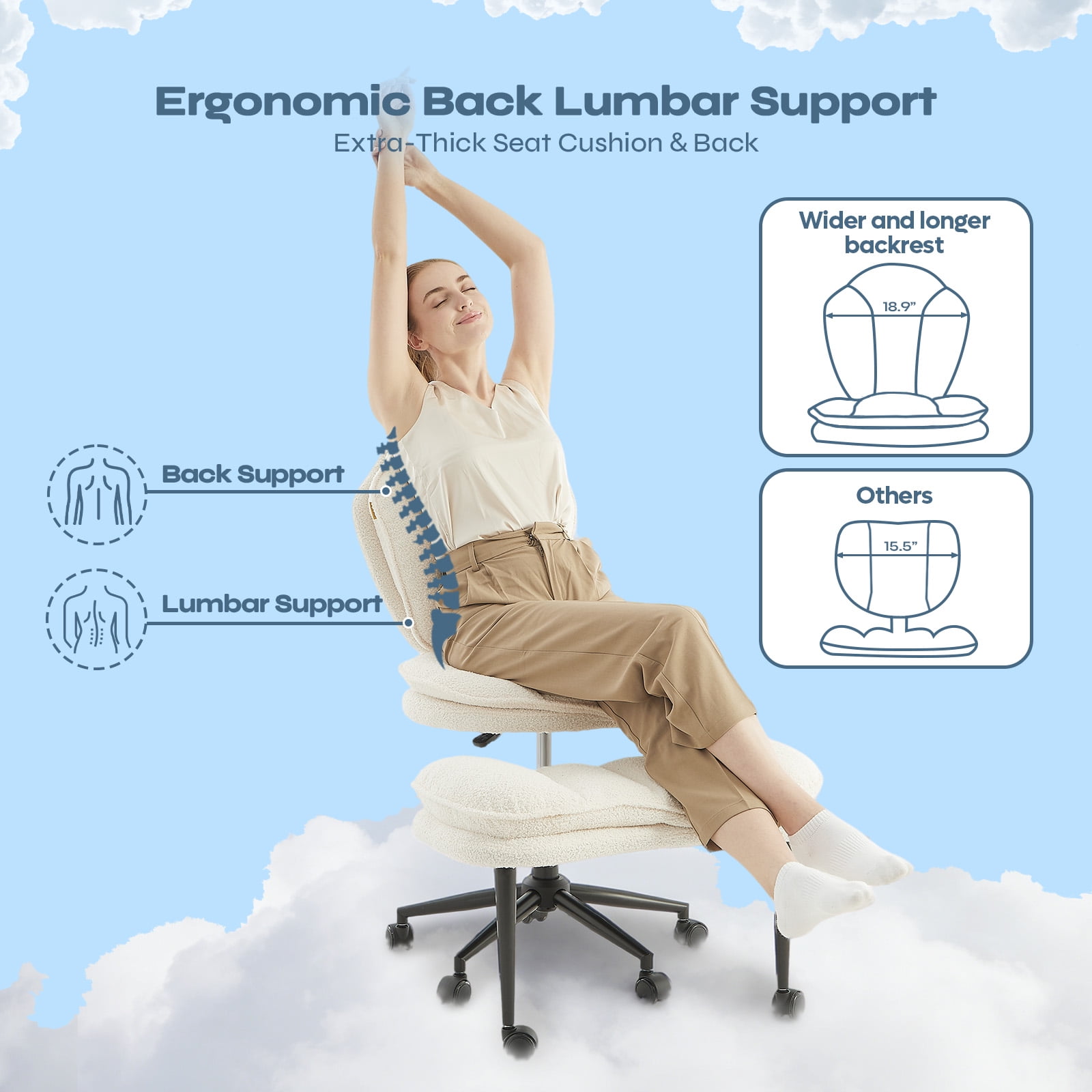 Pinmoco Cross Legged Office Chair, White Boucle Ergonomic Criss Cross Swivel Desk Chair, Heavy Duty Wide Seat for Meditation & ADHD, Armless