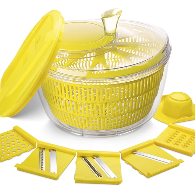 Stelive 5L 2-in-1 Salad Spinner and Vegetable Chopper in yellow, featuring a large transparent container with a yellow drain basket, a screw-on lid with a handle, and five interchangeable stainless steel blades for slicing and shredding. Includes a hand guard for safe operation.