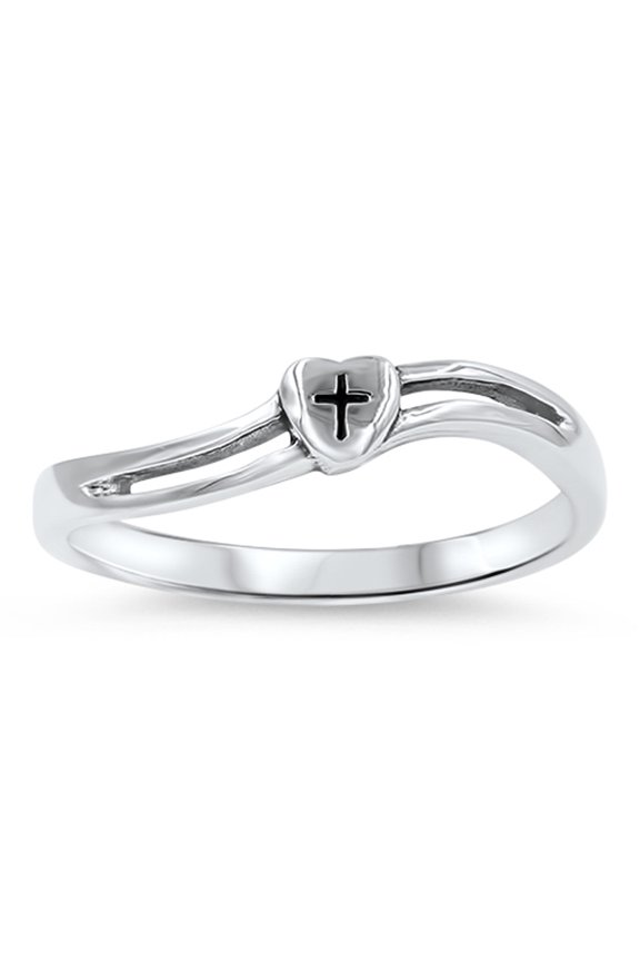 Heart Cross Oxidized Wave Cutout Ring .925 Sterling Silver Band Jewelry Female Male Unisex Size 10