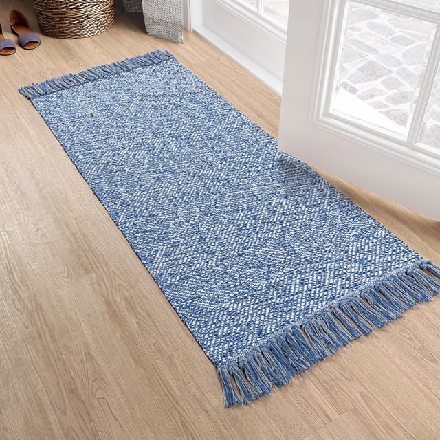 Collive Kitchen Runner Rug, 2' x 4.3' Hand-Woven Reversible Washable Rug, Navy Blue Cotton Modern Farmhouse Bathroom Rug Hallway Carpet for Foyer Bedroom Entry Back Door Decor