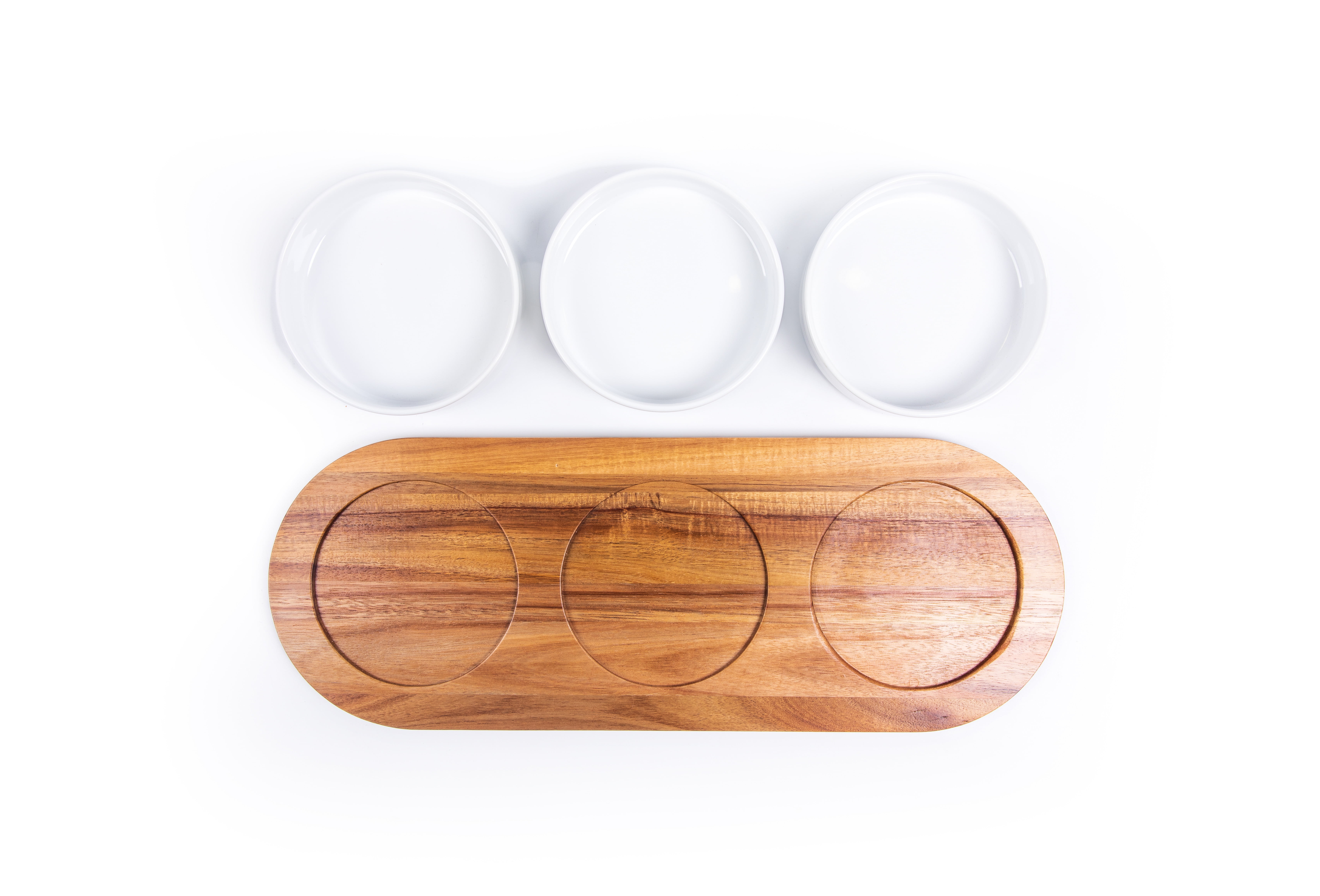 (4 pack) Better Homes & Gardens Acacia Wood Tray with Stoneware Bowls for Condiments, Rustic
