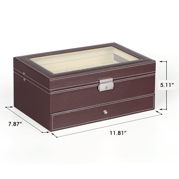NEX Double Layer Watch Organizer Case with Jewelry Tray Drawer - Brown