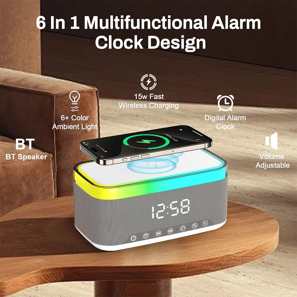 Digital Alarm Clock with Wireless Charging, Bedside with Fast Wireless Charging 15W, Timer Alarm Clock for Heavy Sleepers, RGB Night Light, Bluetooth Speaker Suitable for Indoor & Outdoor, Grey