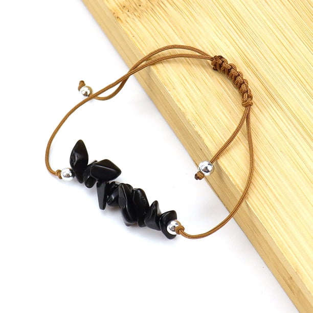 Xiao Hua Pulsera de cuentas hecha a mano, ideal para hombres y mujeres, con hilo de cera marrón y piedra natural irregular, pulsera de grava de playa (negra)