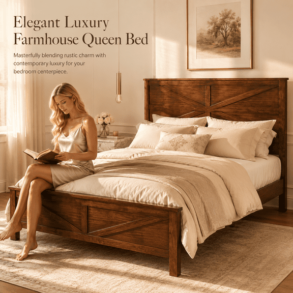 Walnut Queen Platform Bed Frame with Barn Door Headboard and Footboard